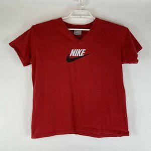 Vtg Nike V-Neck T-Shirt Spellout Swoosh Silver Tag